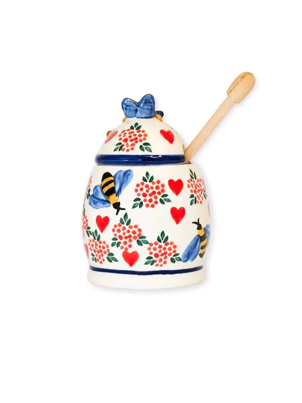 ZOOBEE NWT Ceramic Honey Jar with Blue Accents and Red Heart Motif With Bees